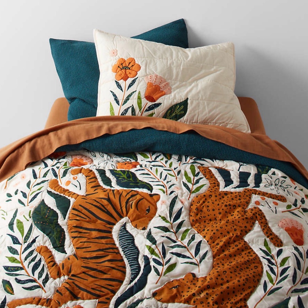 Crate&Barrel Tiger & Leopard Quilt in White, Orange, Teal, Green